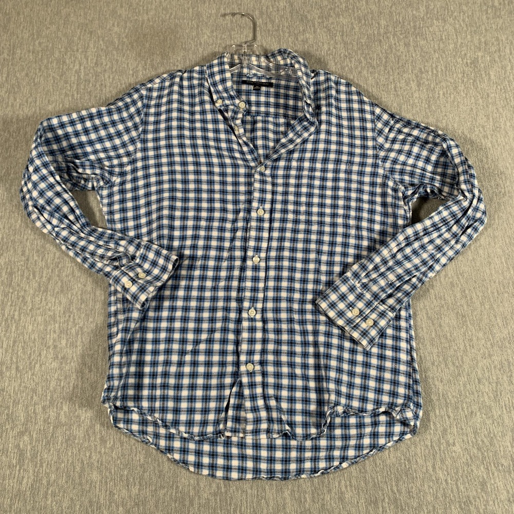 Banana Republic Shirt Mens Medium Blue Check Linen Long Sleeve Button Down